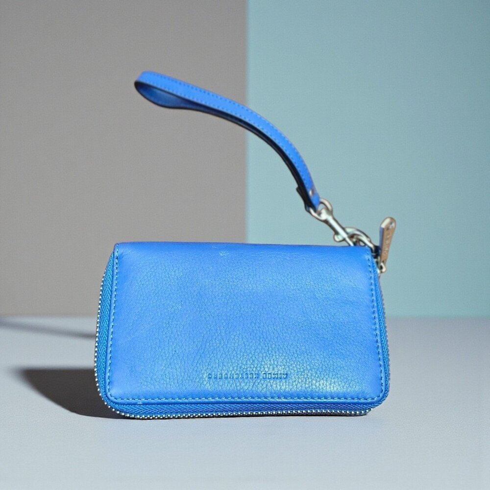 Aimee Kestenberg Blue Leather Zip Around Wristlet Wallet Compact Organizer Card